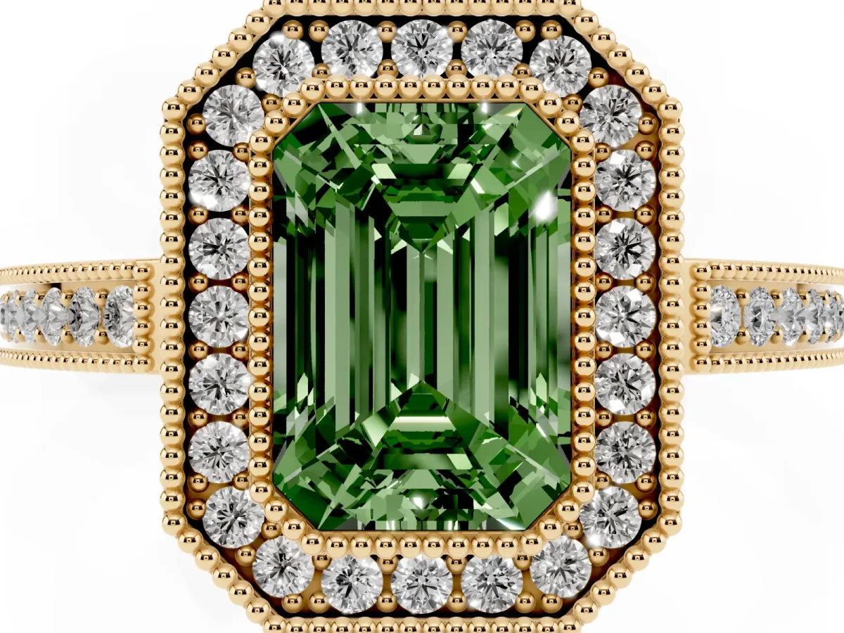 Fancy Green Emerald Cut Cut Halo Diamond Ring with Pavé Band and Milgrain Prong Setting Yellow gold