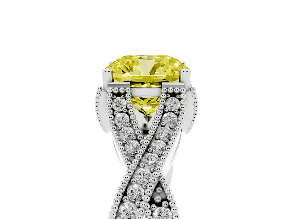 Fancy Yellow Cushion Cut Cut Diamond Twisted Band with Milgrain Pave Setting and Four-Prong Setting White gold