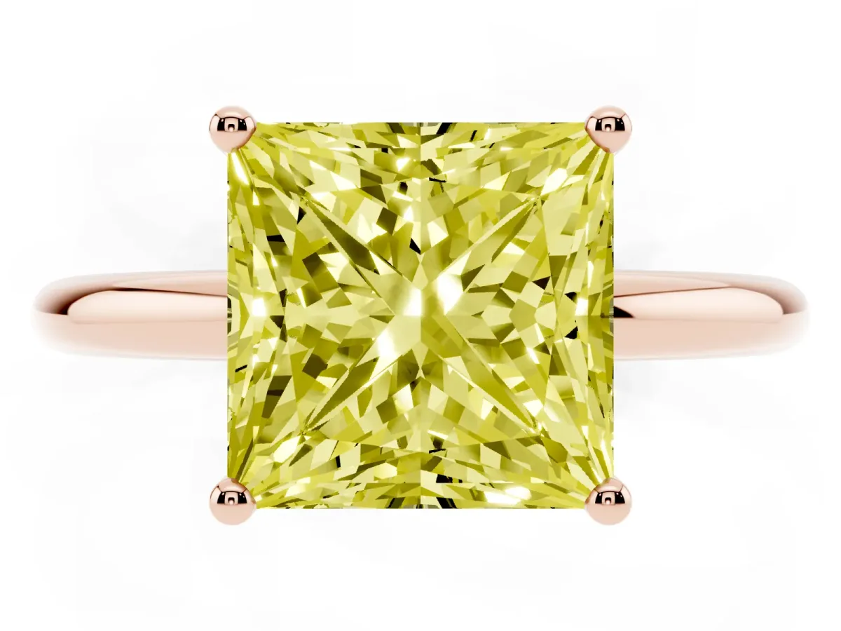Fancy Yellow Princess Cut Cut Solitaire Engagement Ring with Four-Prong Setting and Classic Band Rose gold