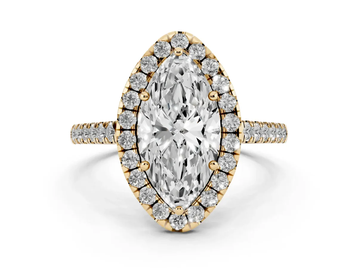 Marquise Cut Halo Pave Diamond Engagement Ring with Four-Prong Setting Yellow gold