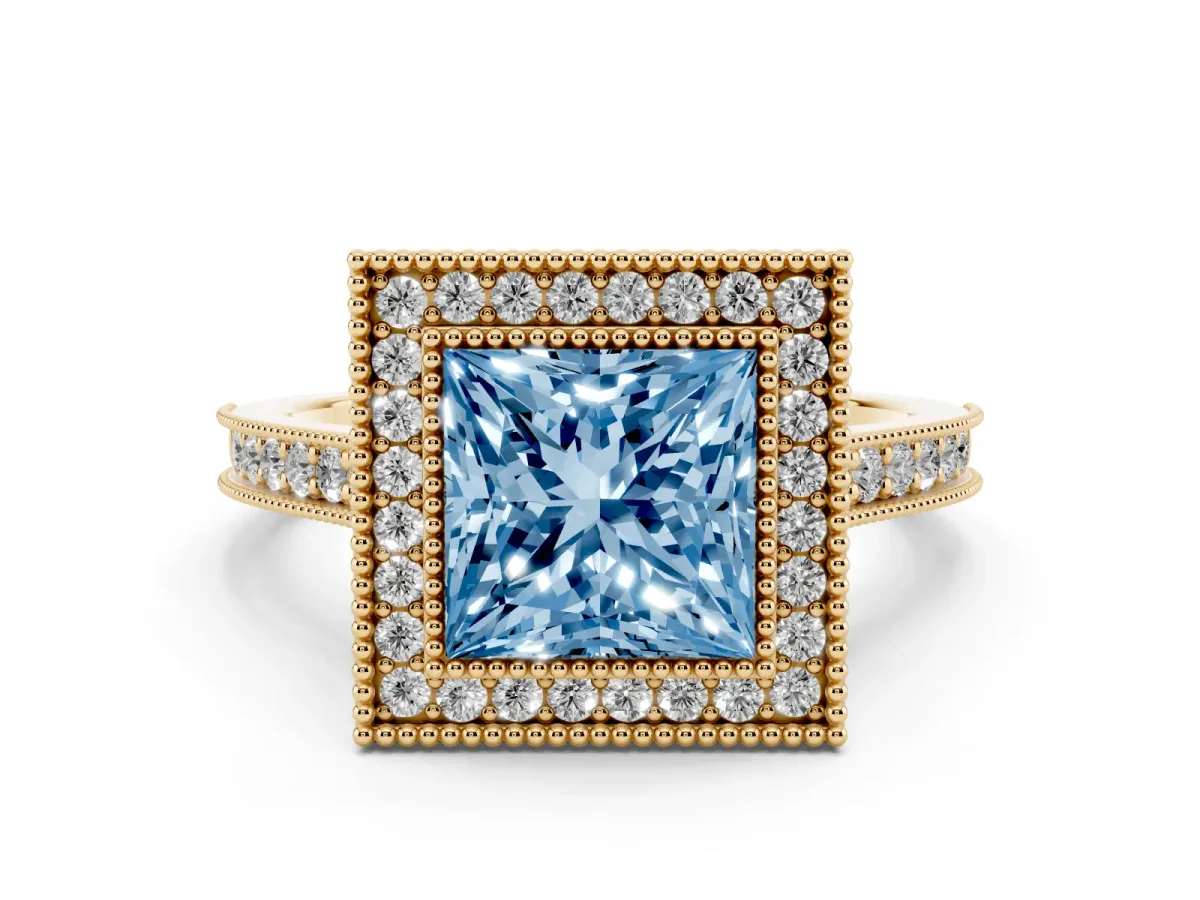 Fancy Blue Halo Princess Cut-Cut Diamond Pave Band Milgrain Prong Setting Ring Yellow gold