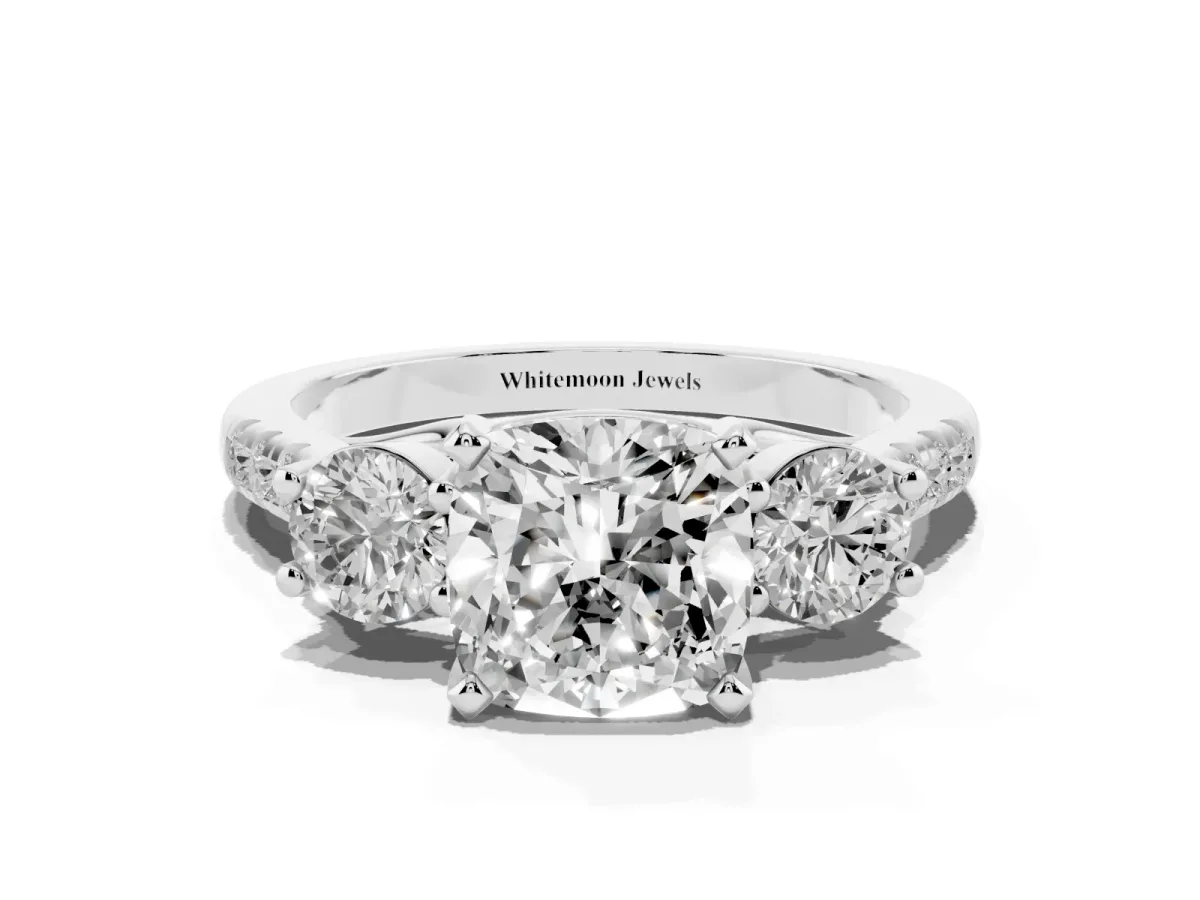 Three-Stone Cushion Cut Diamond Pavé Band with Four-Prong Setting Silver