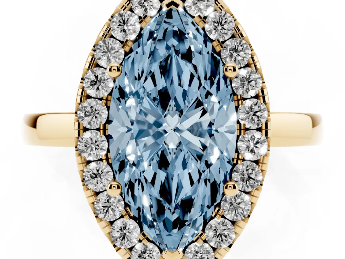 Fancy Blue Marquise Cut Halo Diamond Solitaire with Pavé Band and Four-Prong Setting Yellow gold