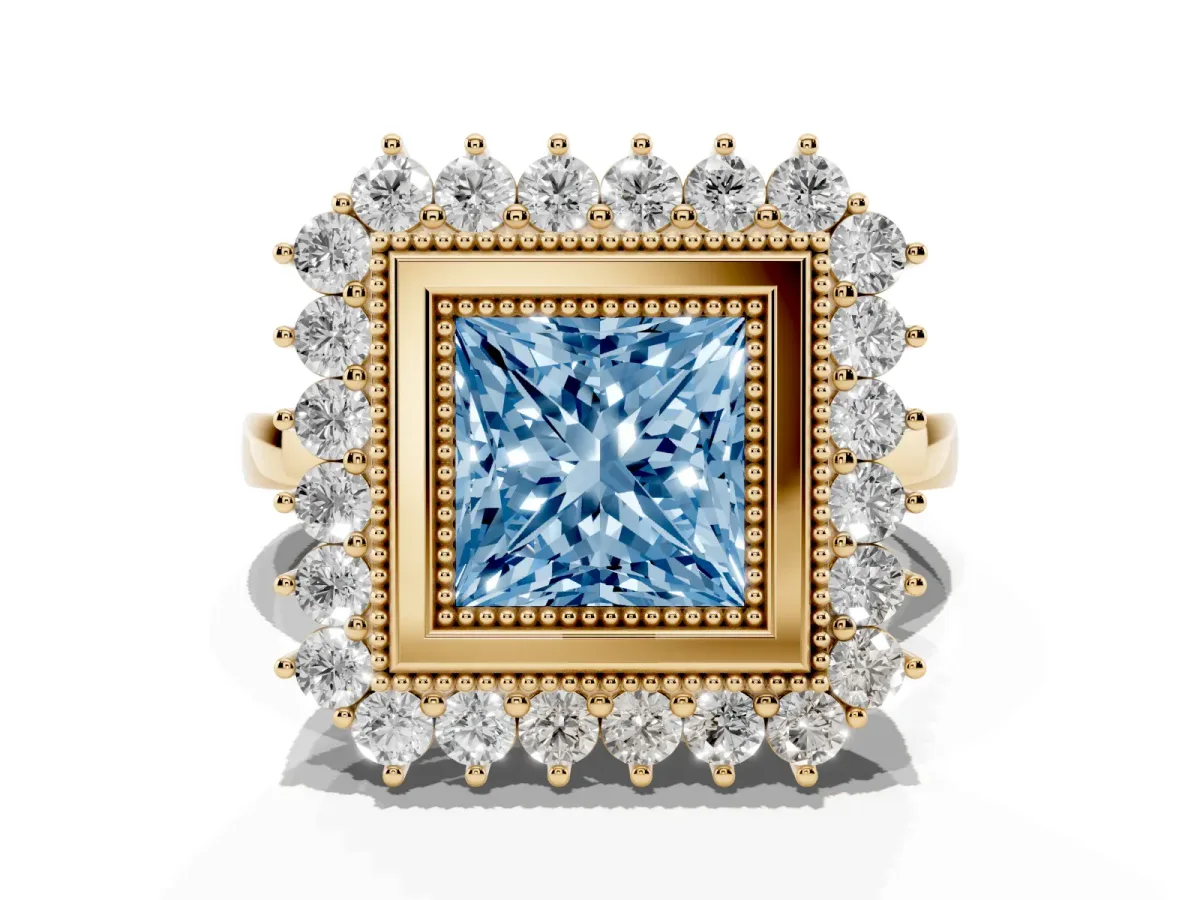 Fancy Blue Princess Cut Halo Diamond Ring with Milgrain Edge and Round Prong Setting Yellow gold