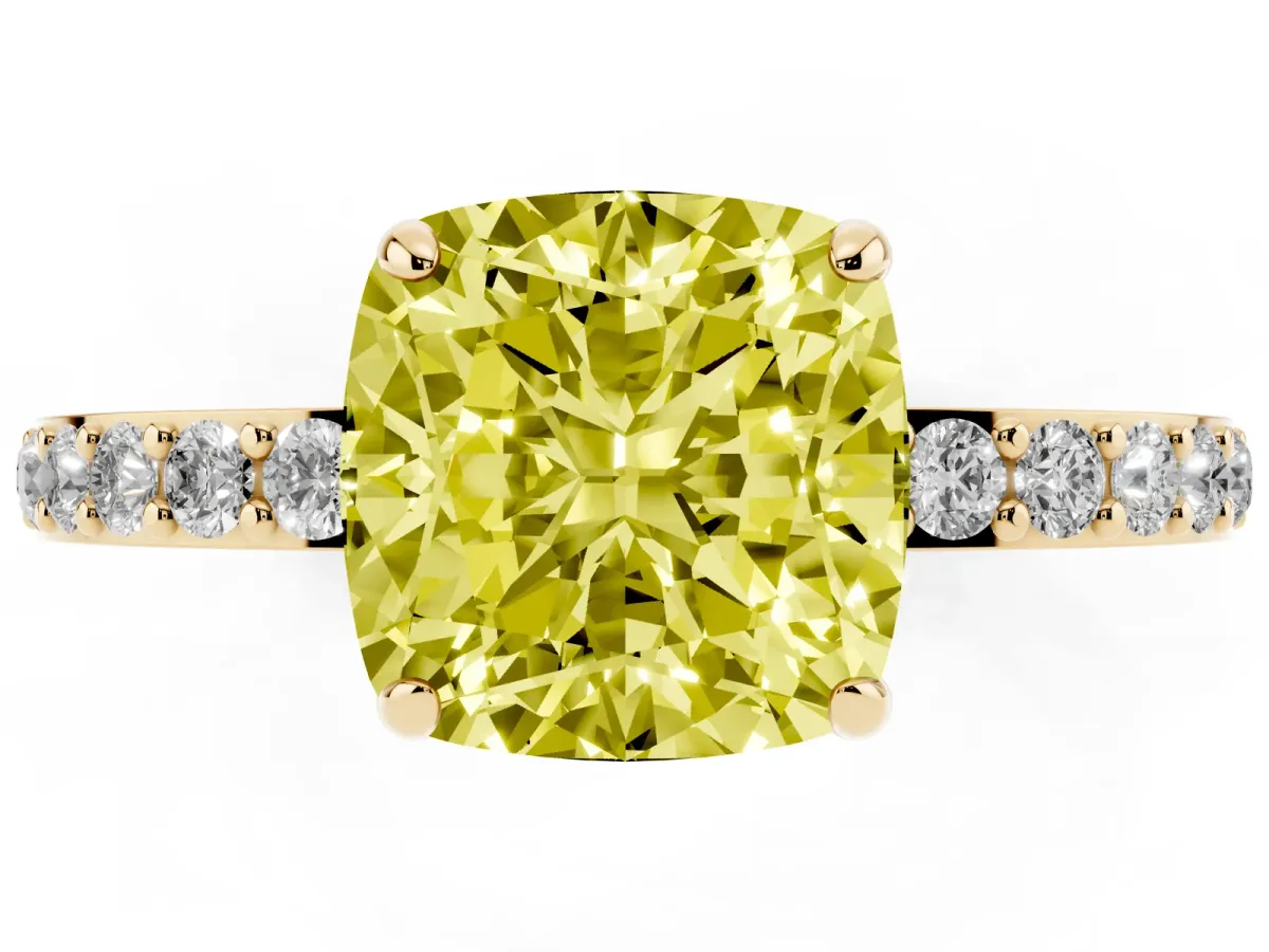 Fancy Yellow Cushion Cut Diamond Solitaire Engagement Ring with Pavé Band and Four-Prong Setting Yellow gold