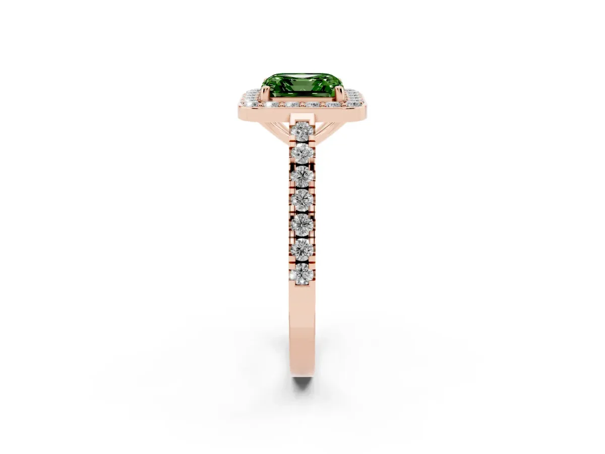 Fancy Green Asscher Cut Diamond Halo Ring with Round Pavé Split Shank and Prong Setting Rose gold