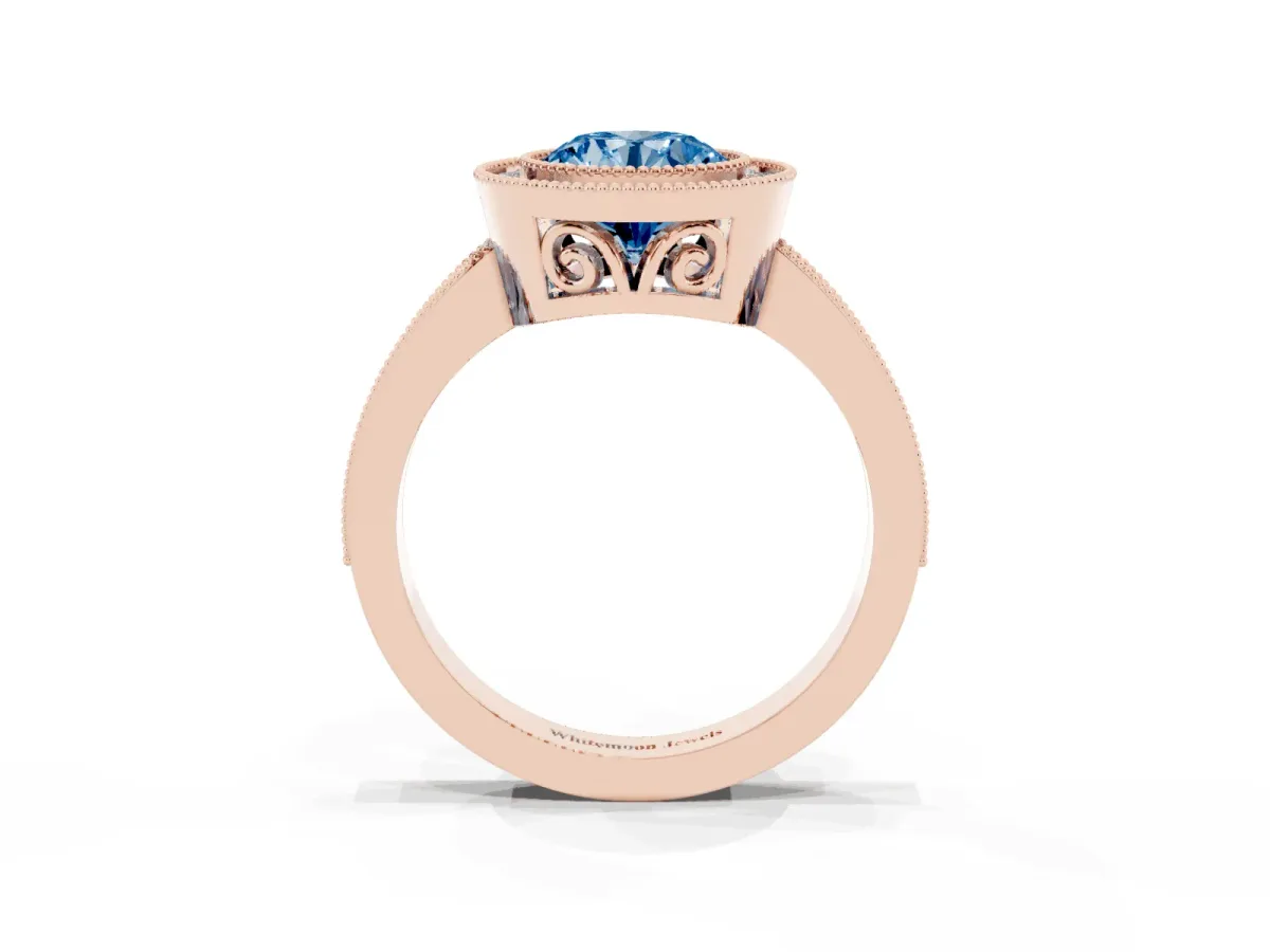 Fancy Blue Round Cut Cut Halo Diamond Ring with Pavé Band and Milgrain Prong Setting Rose gold
