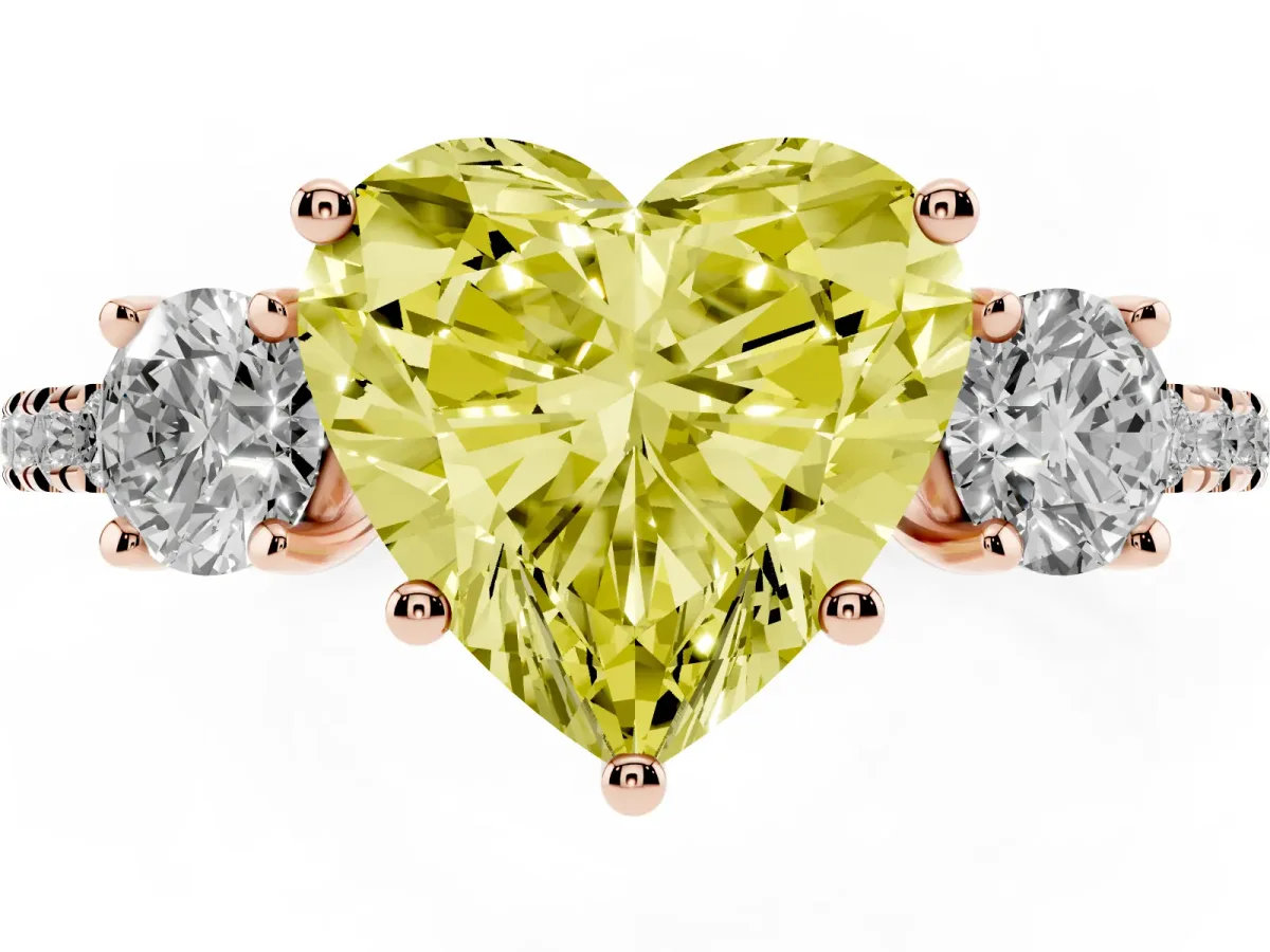 Fancy Yellow Three-Stone Heart Cut Cut Diamond Pavé Band with Prong Setting Rose gold
