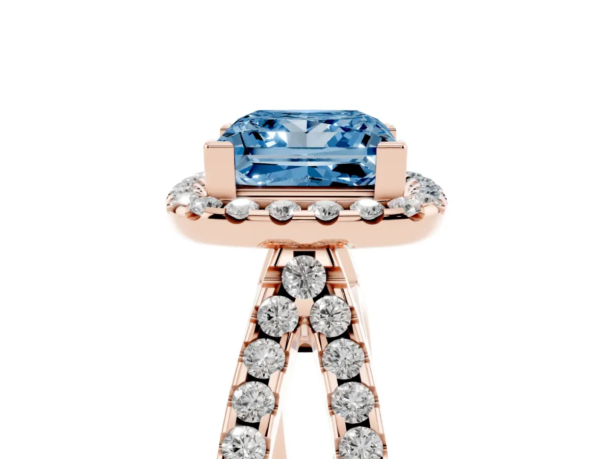 Fancy Blue Princess Cut Diamond Halo Ring with Split Shank Pavé Band and Prong Setting Rose gold