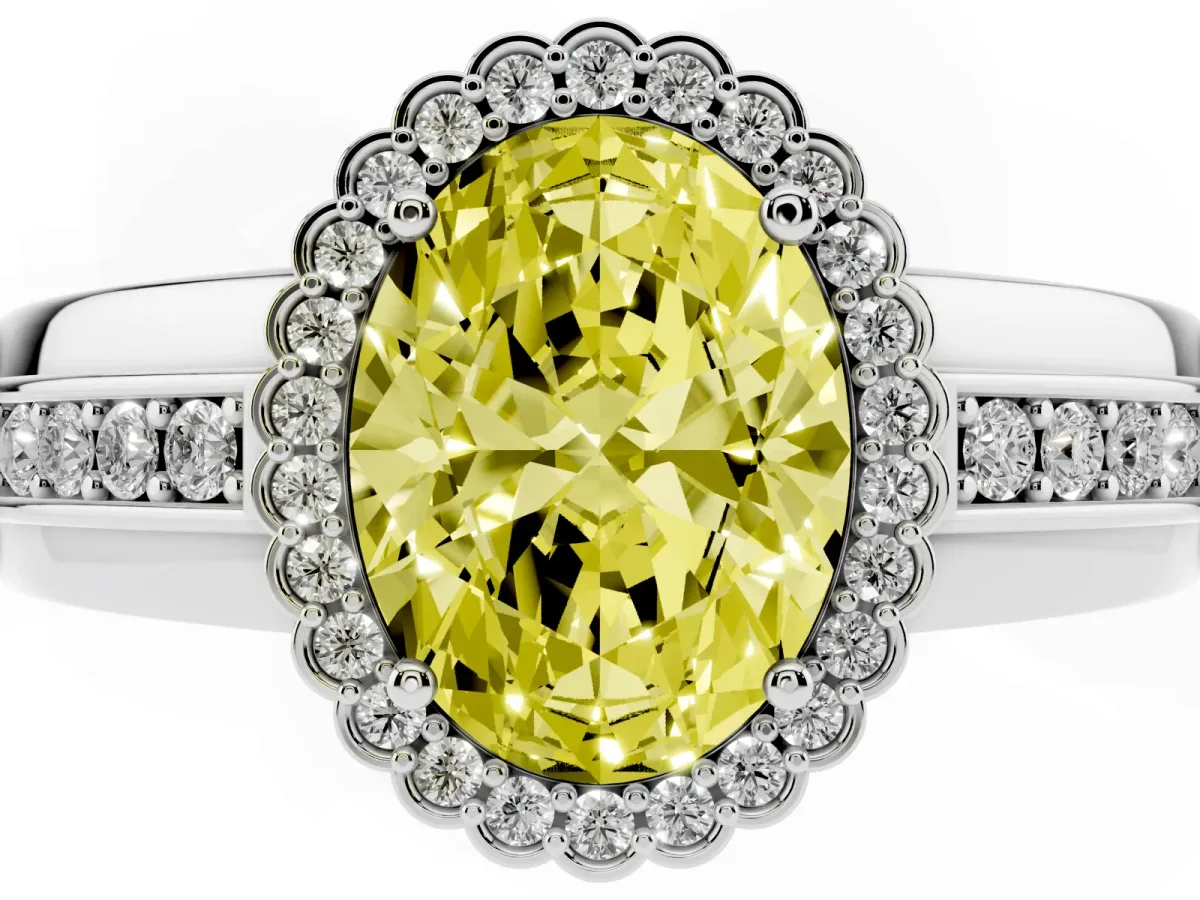 Fancy Yellow Oval Cut Cut Halo Pave Band Four-Prong Ring Silver