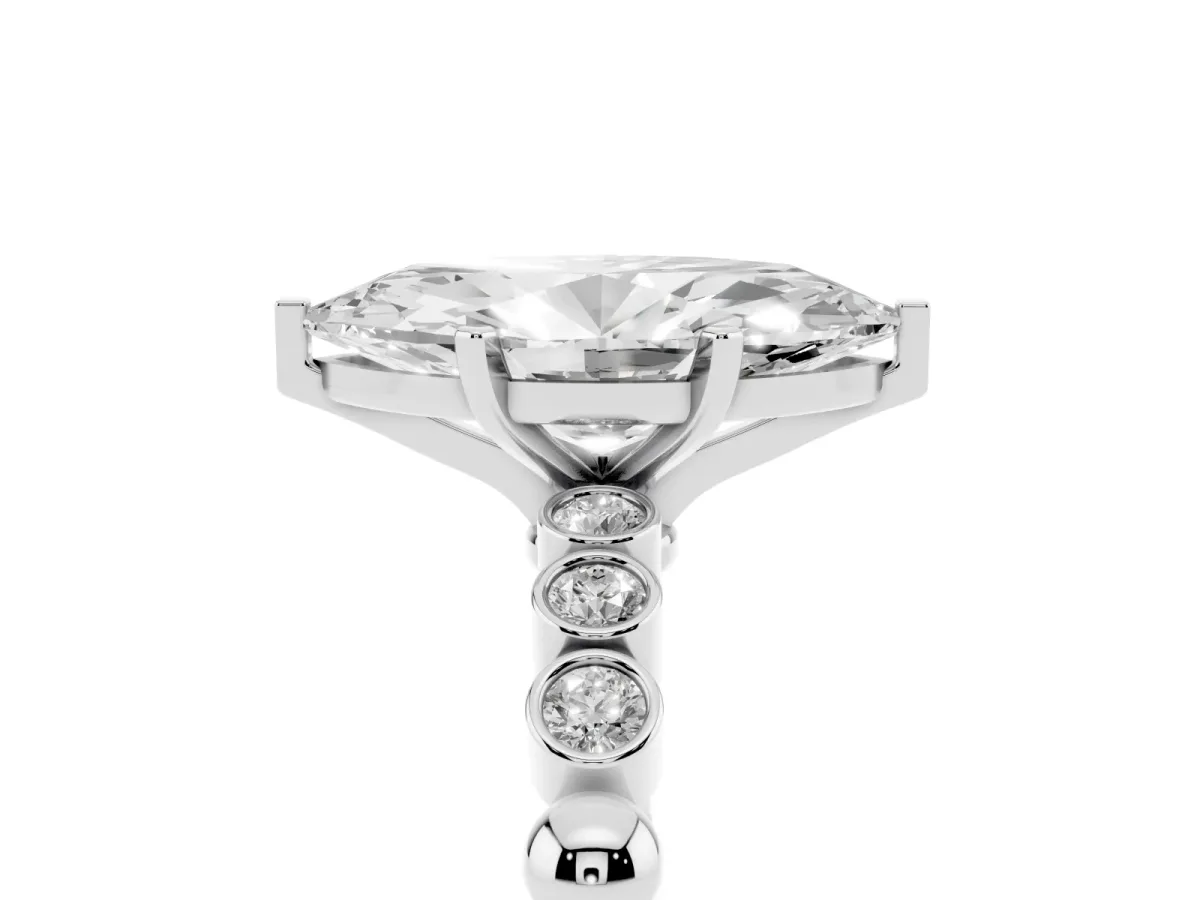 Marquise Cut Solitaire Bezel Accent Diamond Engagement Ring with Beaded Band and Four-Prong Setting Platinum