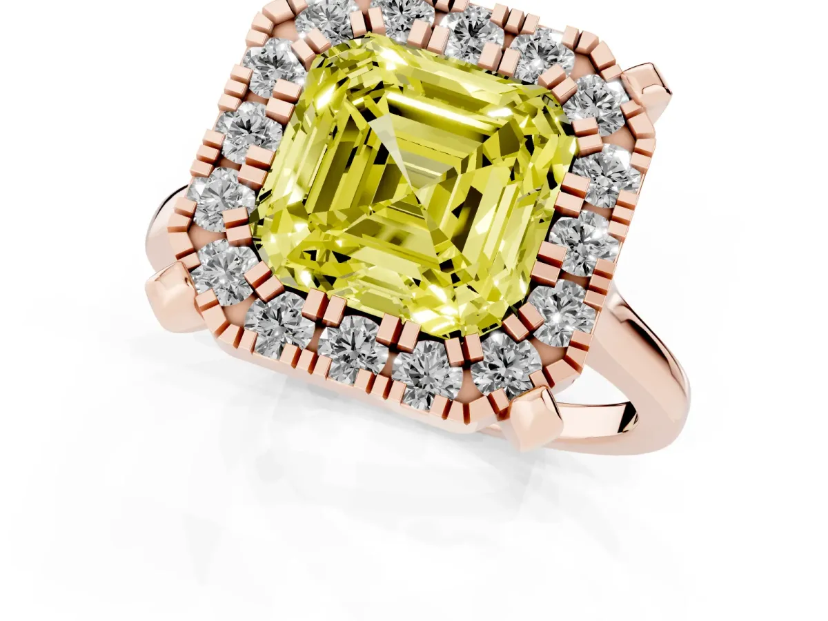 Fancy Yellow Asscher Cut Diamond Cluster Halo Solitaire with Four-Prong Setting Rose gold
