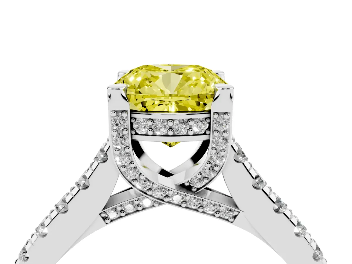 Fancy Yellow Cushion Cut Brilliant Diamond Solitaire with Pavé Band and Four-Prong Setting White gold