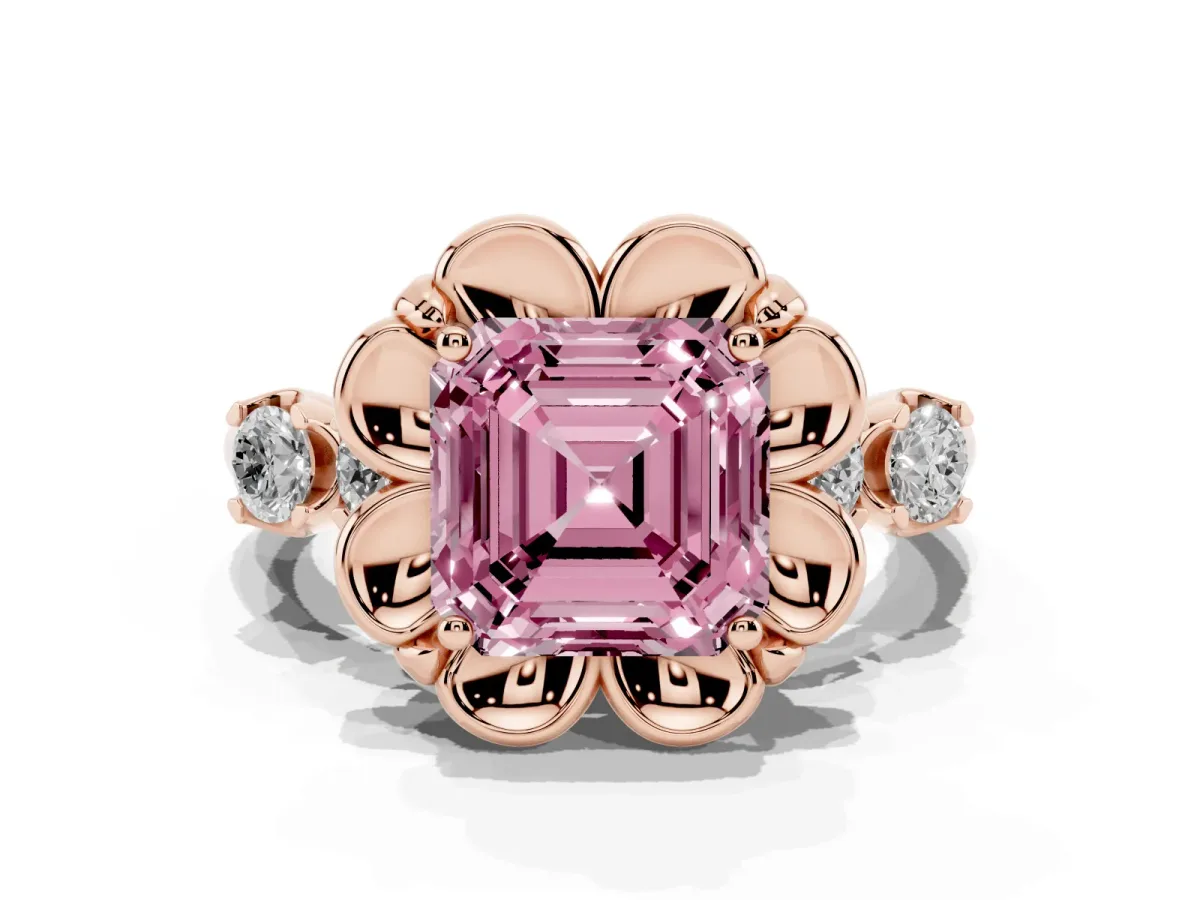 Fancy Pink Asscher Cut Cut Diamond Floral Halo Engagement Ring with Shared Prong Setting Rose gold