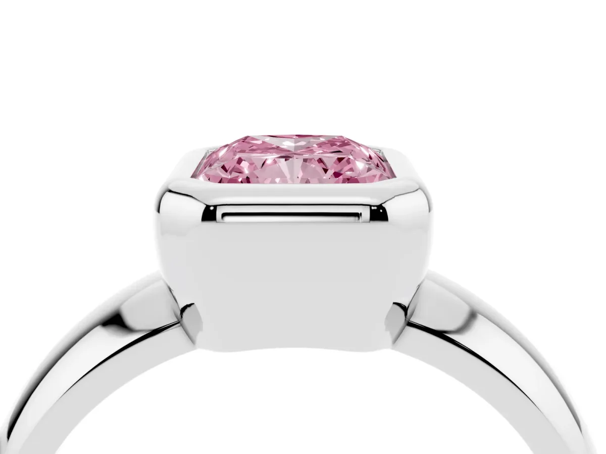 Fancy Pink Bezel Set Radiant Cut Solitaire Ring with Wide Band Platinum