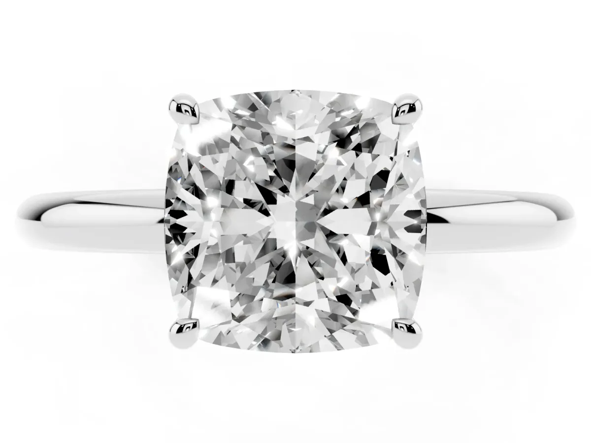 Cushion Cut Diamond Solitaire Ring with Thin Band and Four-Prong Setting Silver