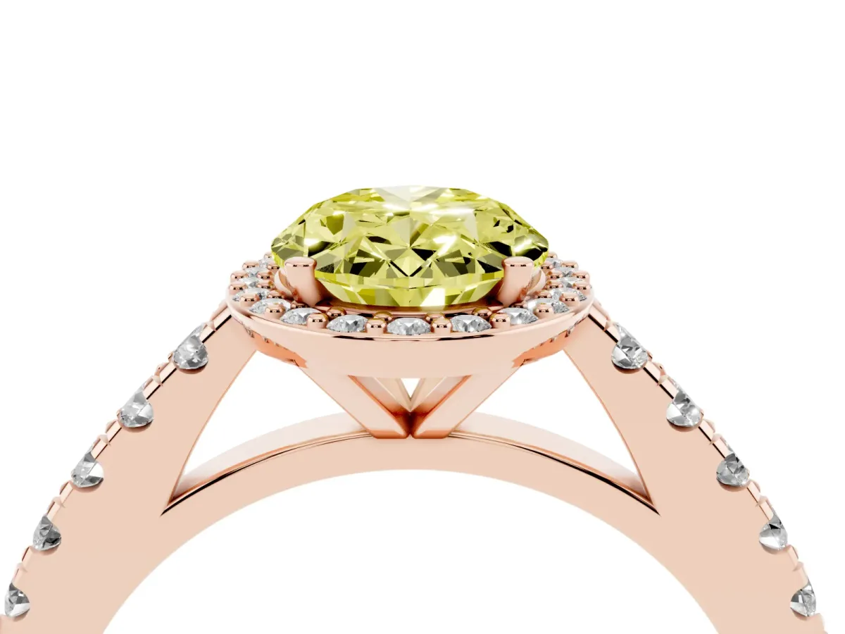 Fancy Yellow Oval Cut Cut Halo Diamond Engagement Ring with Pave Band and Four-Prong Setting Rose gold