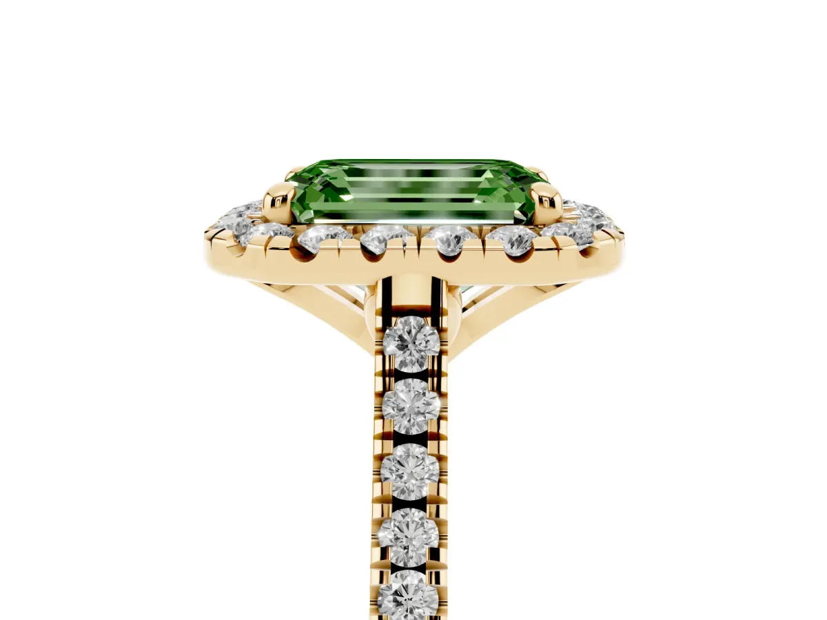 Fancy Green Emerald Cut Diamond Cushion Halo Ring with Pavé Band Yellow gold