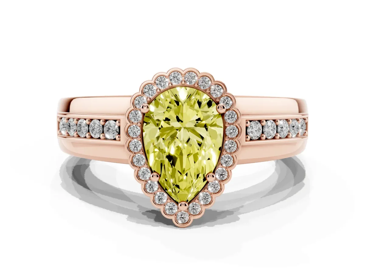 Fancy Yellow Pear Cut Cut Halo Pave Band Four-Prong Ring Rose gold