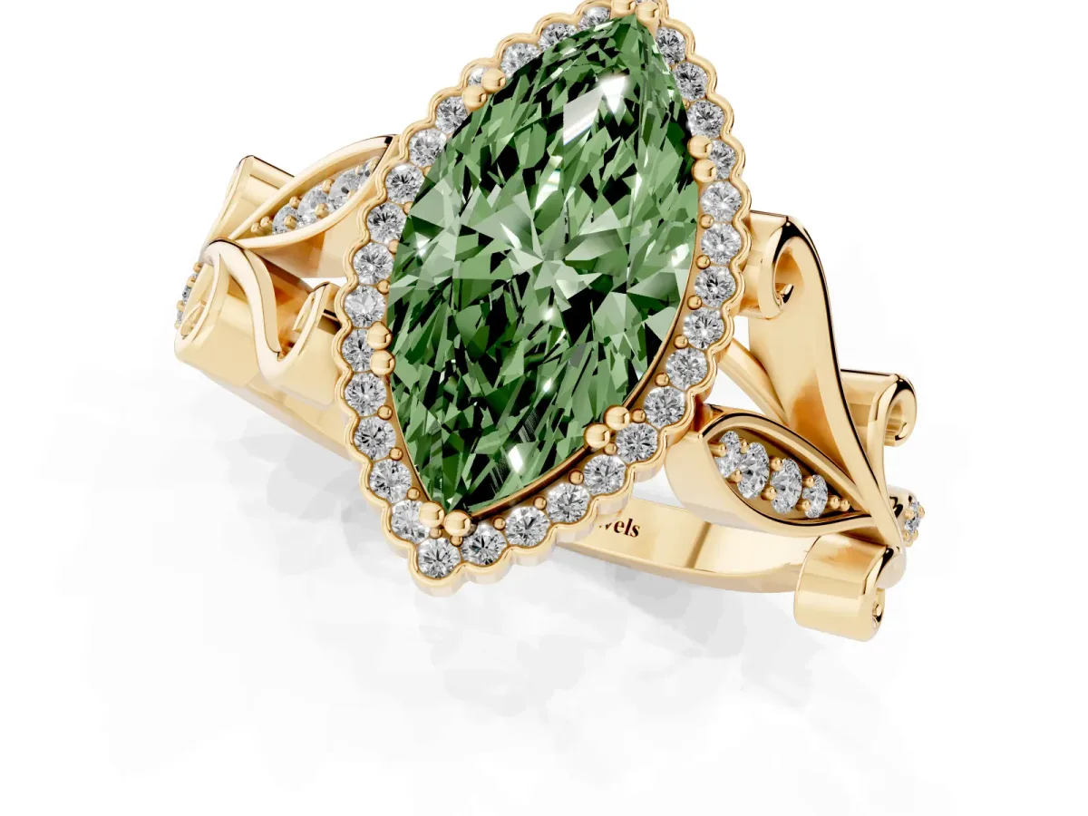 Fancy Green Marquise Cut Diamond Halo Ring with Vintage Split Shank and Four-Prong Setting Yellow gold