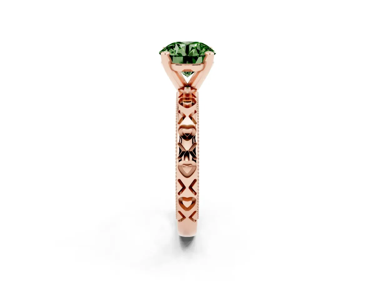 Fancy Green Round Cut Solitaire Diamond Engagement Ring with XO Engraved Band and Four-Prong Setting Rose gold