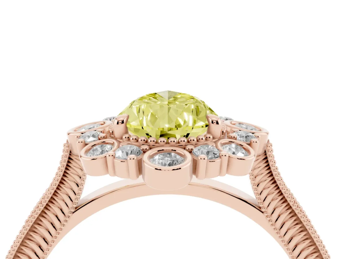 Fancy Yellow Pear Cut Halo Milgrain Pave Diamond Ring with Four-Prong Setting Rose gold