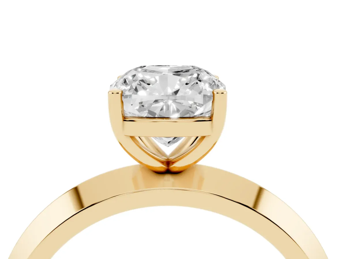 Cushion Cut Cut Solitaire Engagement Ring with Flat Band and Four-Prong Setting Yellow gold