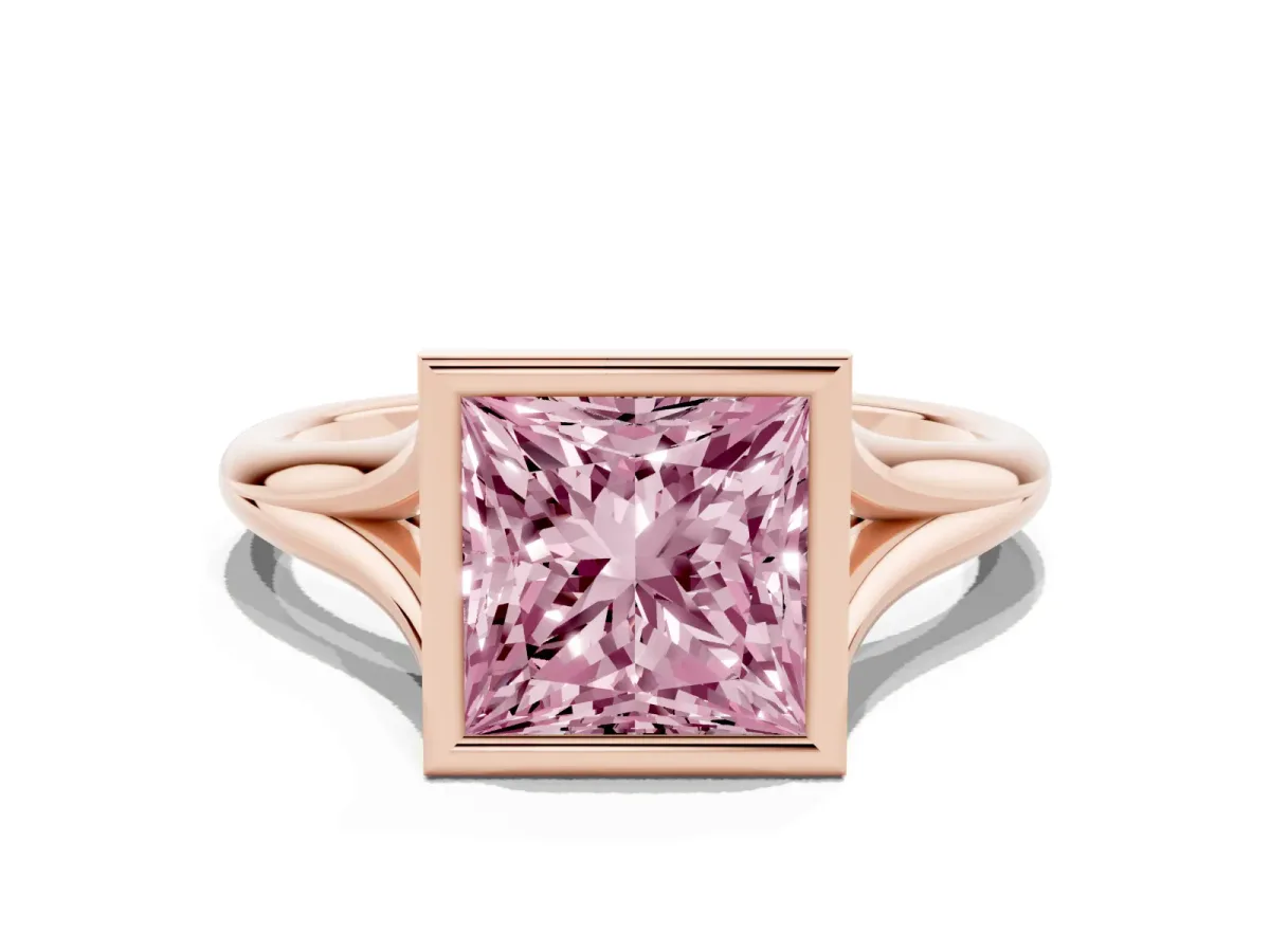 Fancy Pink Bezel Set Princess Cut Cut Solitaire Ring with Tapered Band Rose gold