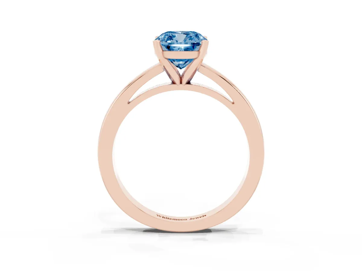 Fancy Blue Cushion Cut Solitaire Diamond Engagement Ring with Four-Prong Setting on a Classic Band Rose gold
