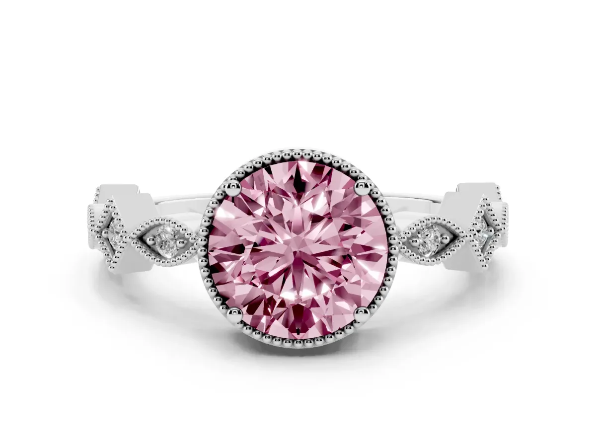 Fancy Pink Round Cut Milgrain Marquise Diamond Twist Band Ring Silver