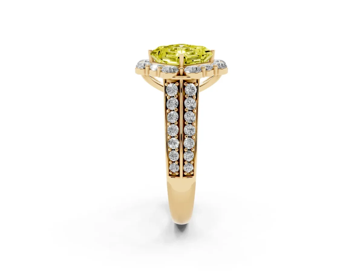 Fancy Yellow Asscher Cut Halo Diamond Engagement Ring with Split Shank and Prong Setting Yellow gold