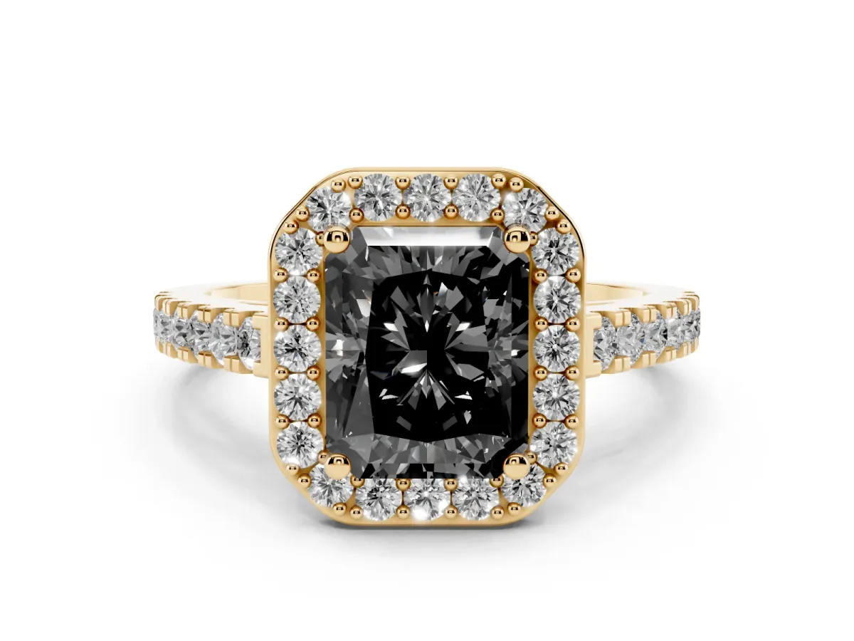 Fancy Black Radiant Cut Diamond Halo Ring with Round Pavé Split Shank and Prong Setting Yellow gold