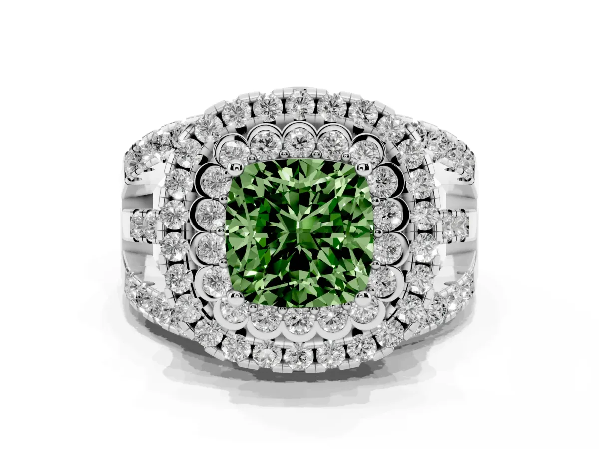 Fancy Green Cushion Cut Diamond Double Halo Ring with Round Pavé Split Shank and Prong Setting Silver