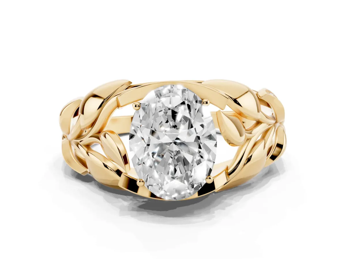 Oval Cut Diamond Leaf-Inspired Engagement Ring with Round Accents and Prong Setting Yellow gold
