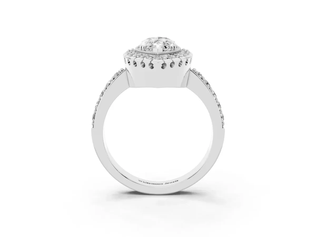 Marquise Cut Diamond Halo Ring with Pavé Band and Prong Setting White gold
