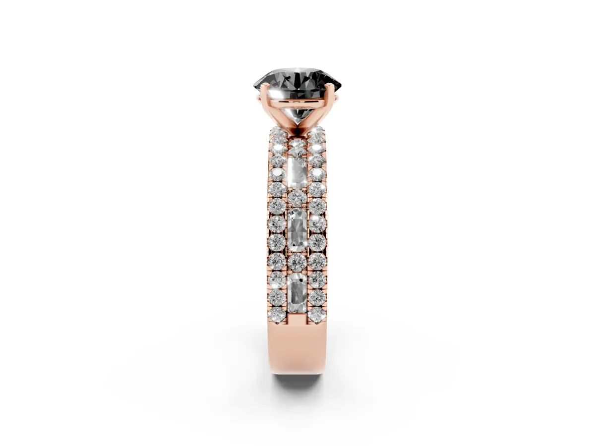 Fancy Black Round Cut Diamond Solitaire Ring with Pavé and Channel Set Band Rose gold