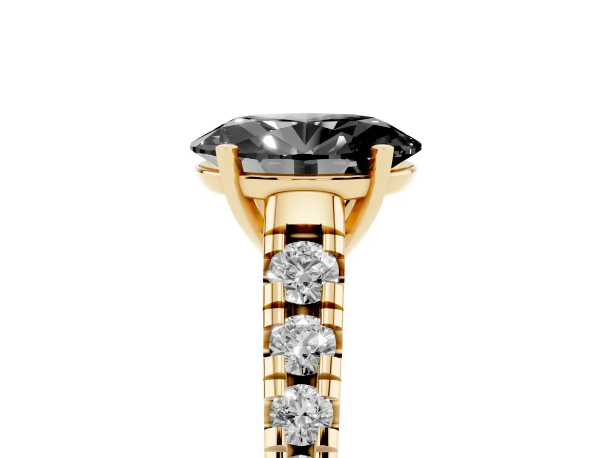 Fancy Black Oval Cut Diamond Cathedral Solitaire Ring with Round Pavé Band Yellow gold