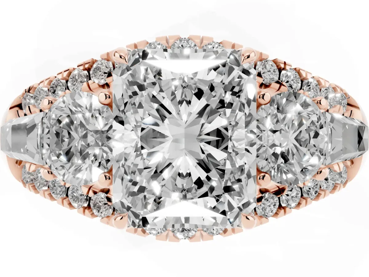 Three-Stone Radiant Cut Diamond Engagement Ring with Pave Band and Prong Setting Rose gold