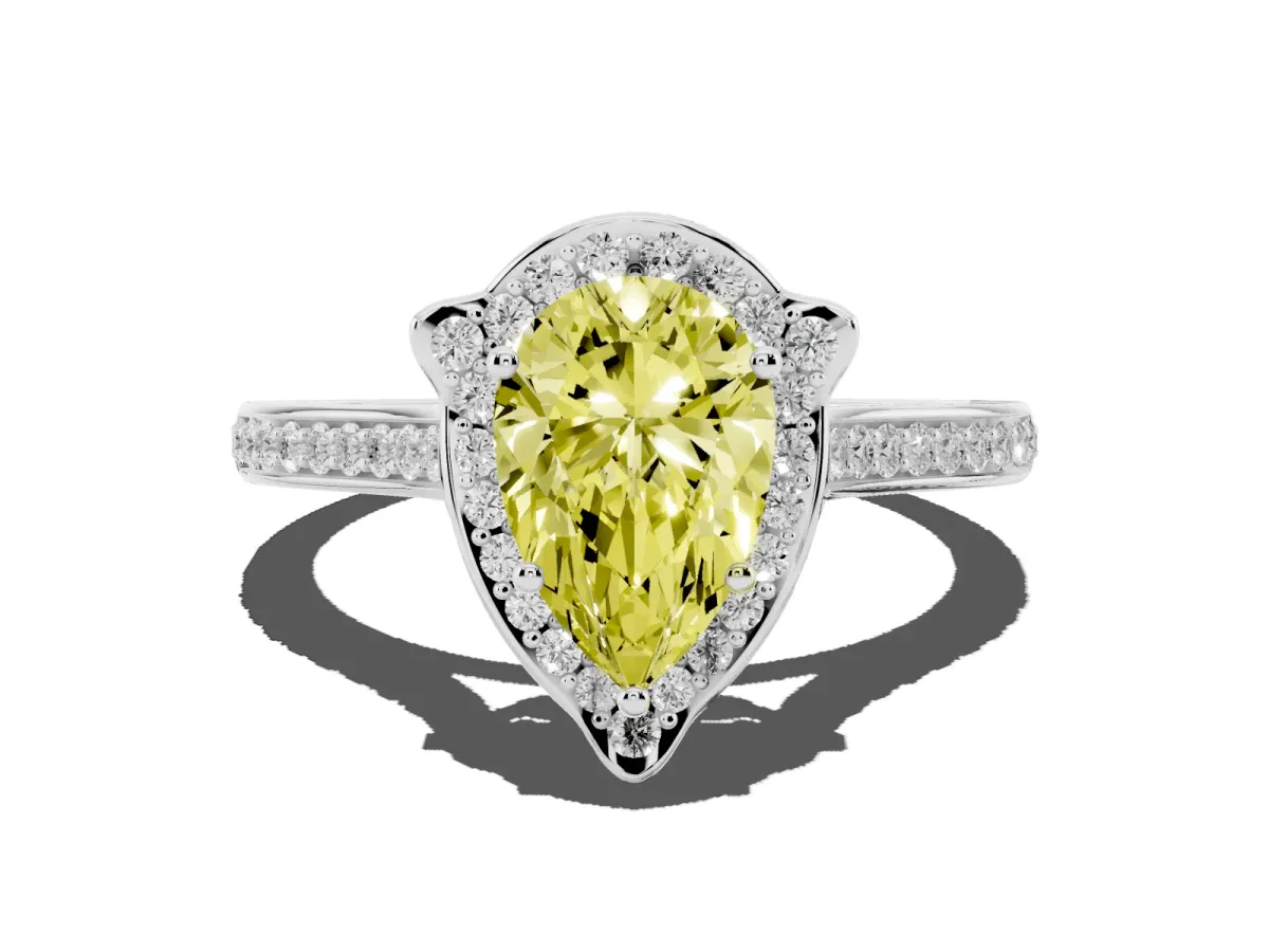 Fancy Yellow Pear Cut Halo Round Diamond Pave Band with Four-Prong Setting Silver