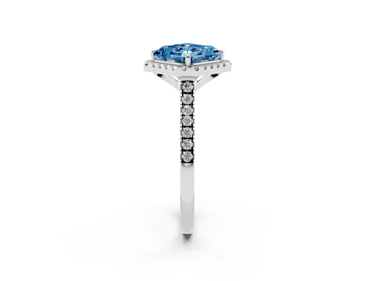 Fancy Blue Asscher Cut Diamond Cushion Halo Ring with Pavé Band Platinum