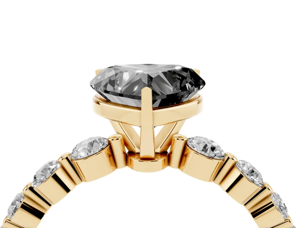 Fancy Black Heart Cut Solitaire Diamond Ring with Pave Band and Four-Prong Setting Yellow gold