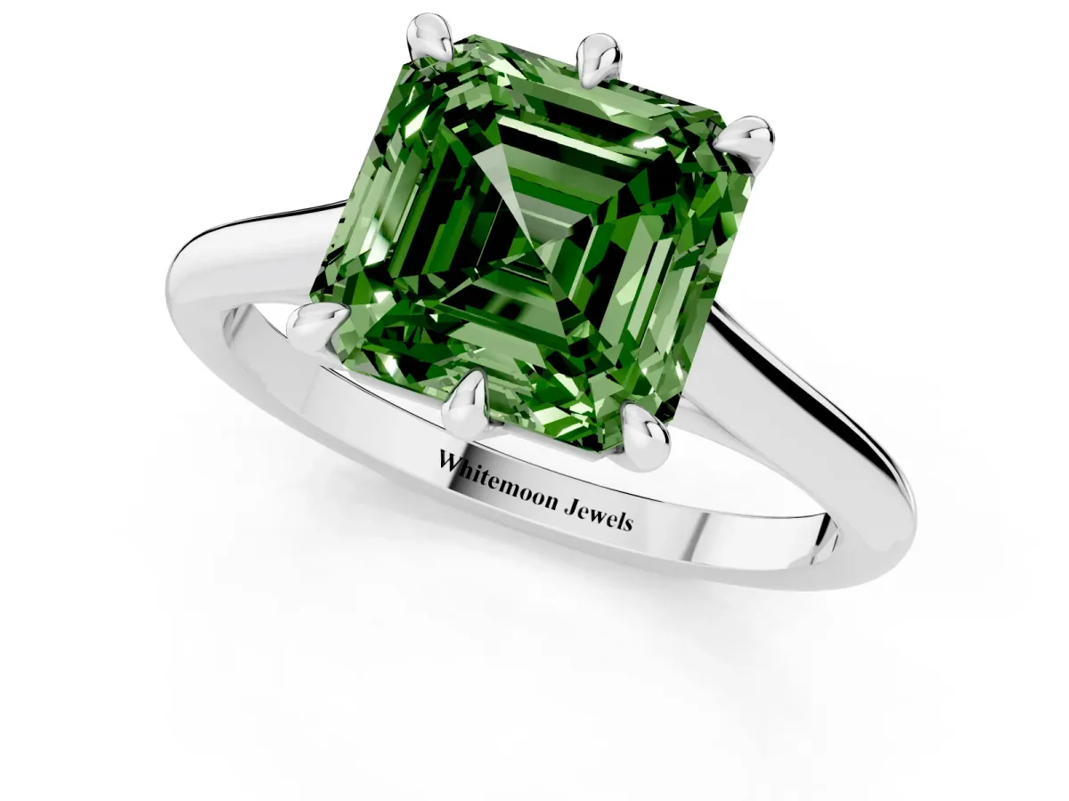 Fancy Green Asscher Cut Solitaire Engagement Ring with Six-Prong Setting and Classic Band Silver