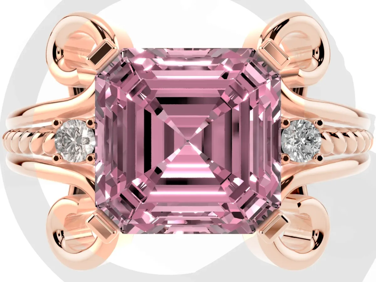Fancy Pink Asscher Cut Solitaire Twisted Band Scroll Prong Ring Rose gold