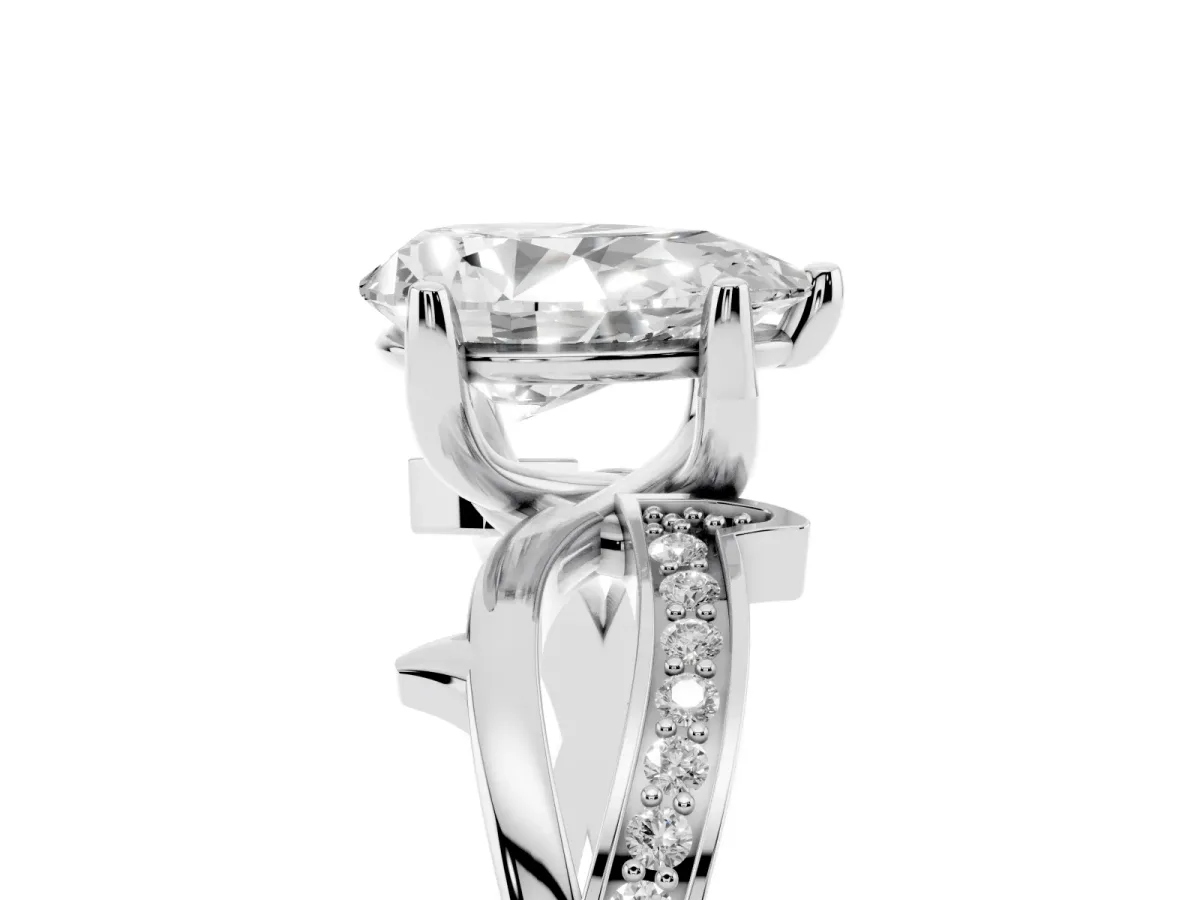 Pear Cut Solitaire Twist Band with Pavé Accents and Four-Prong Setting Platinum