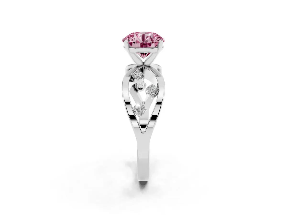 Fancy Pink Round Cut Cut Solitaire Diamond with Side Stones on Criss-Cross Band and Four-Prong Setting White gold