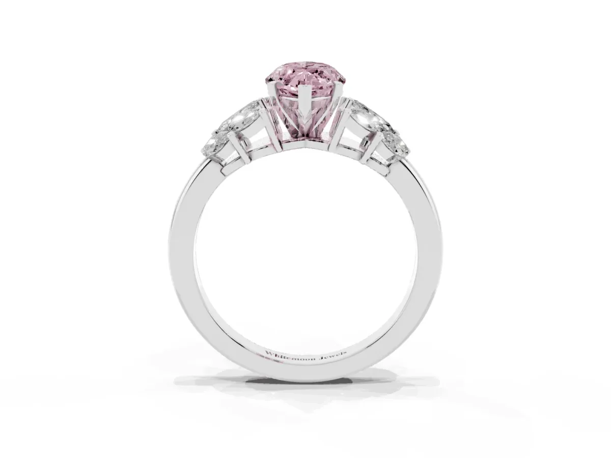 Fancy Pink Marquise Cut Diamond Cluster Leaf Design Ring with Prong Setting Silver