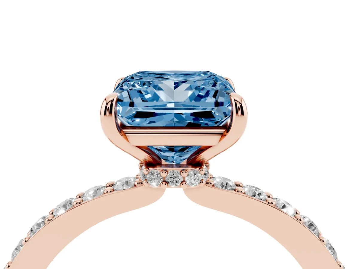 Fancy Blue Princess Cut Diamond Solitaire Engagement Ring with Pavé Band and Four-Prong Setting Rose gold