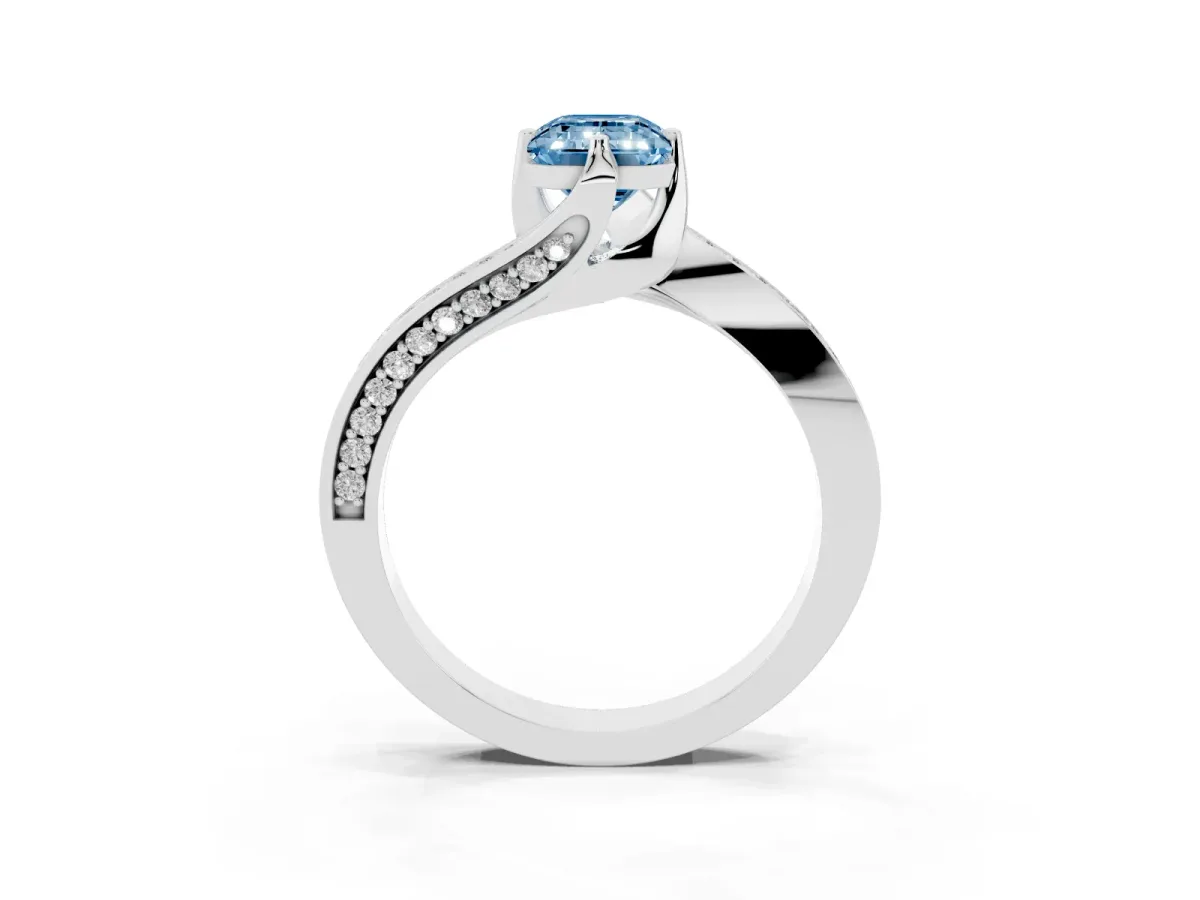 Fancy Blue Emerald Cut Solitaire Diamond Twist Band with Pavé Setting and Four-Prong Setting Silver