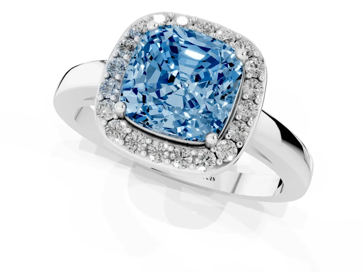 Fancy Blue Cushion Cut Halo Diamond Ring with Solitaire Band and Prong Setting Silver