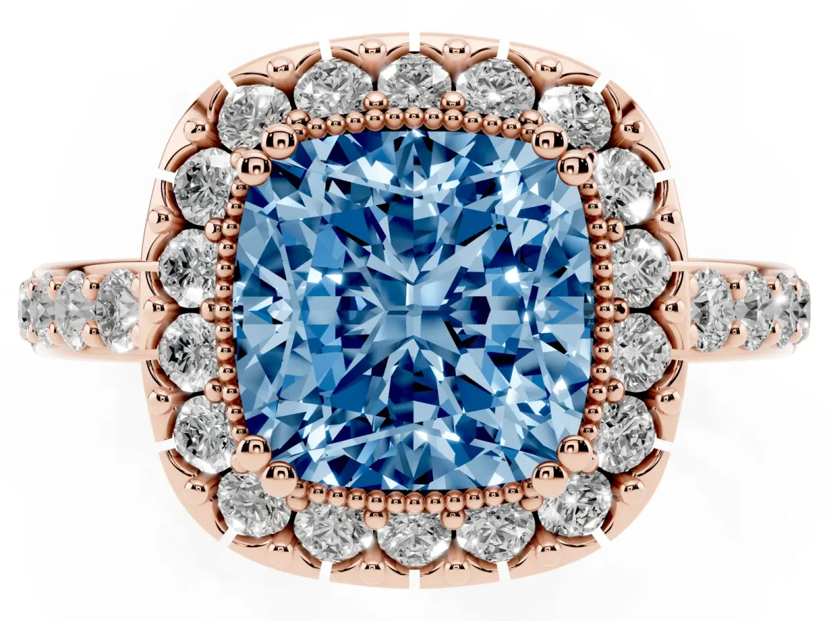 Fancy Blue Cushion Cut Diamond Halo Ring with Pavé Band and Prong Setting Rose gold